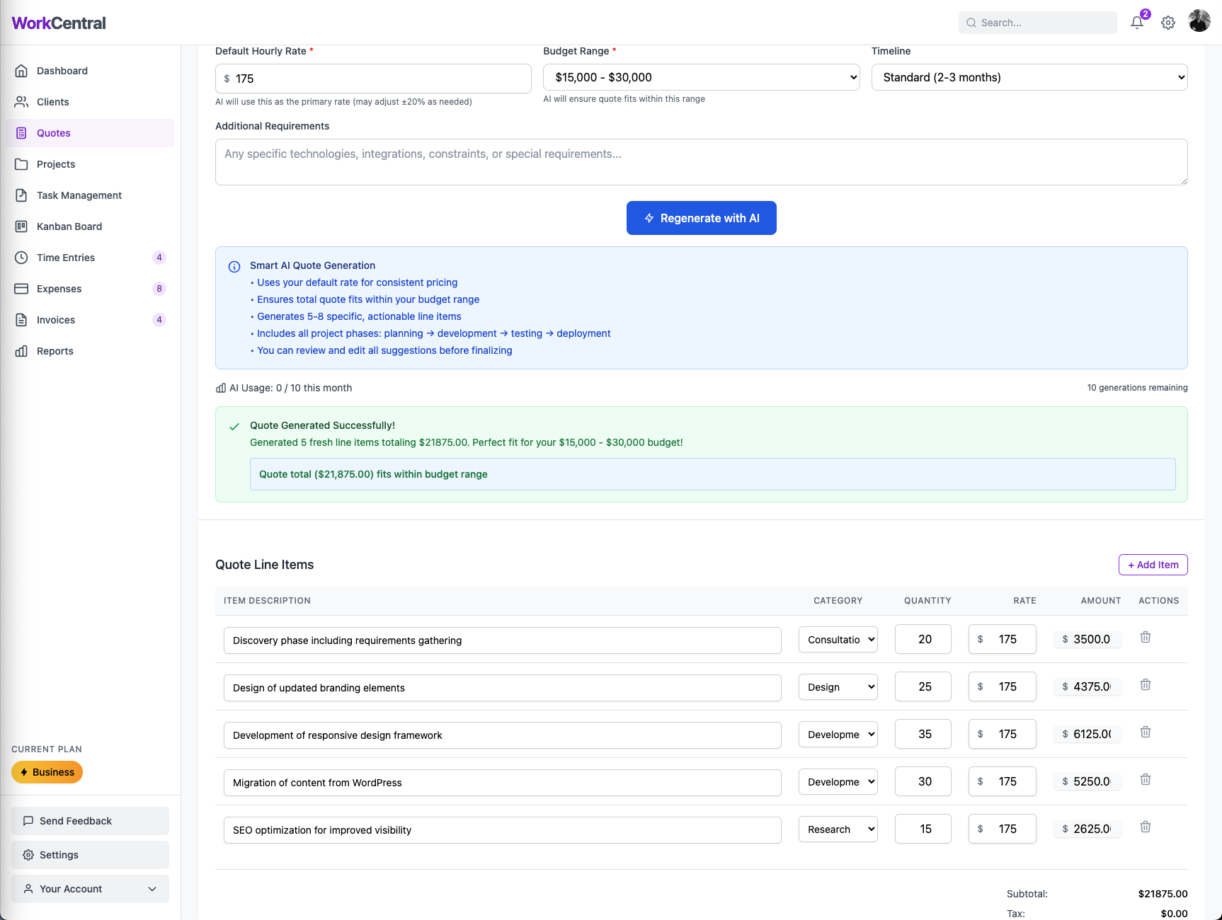 WorkCentral AI quote generation with categorized line items