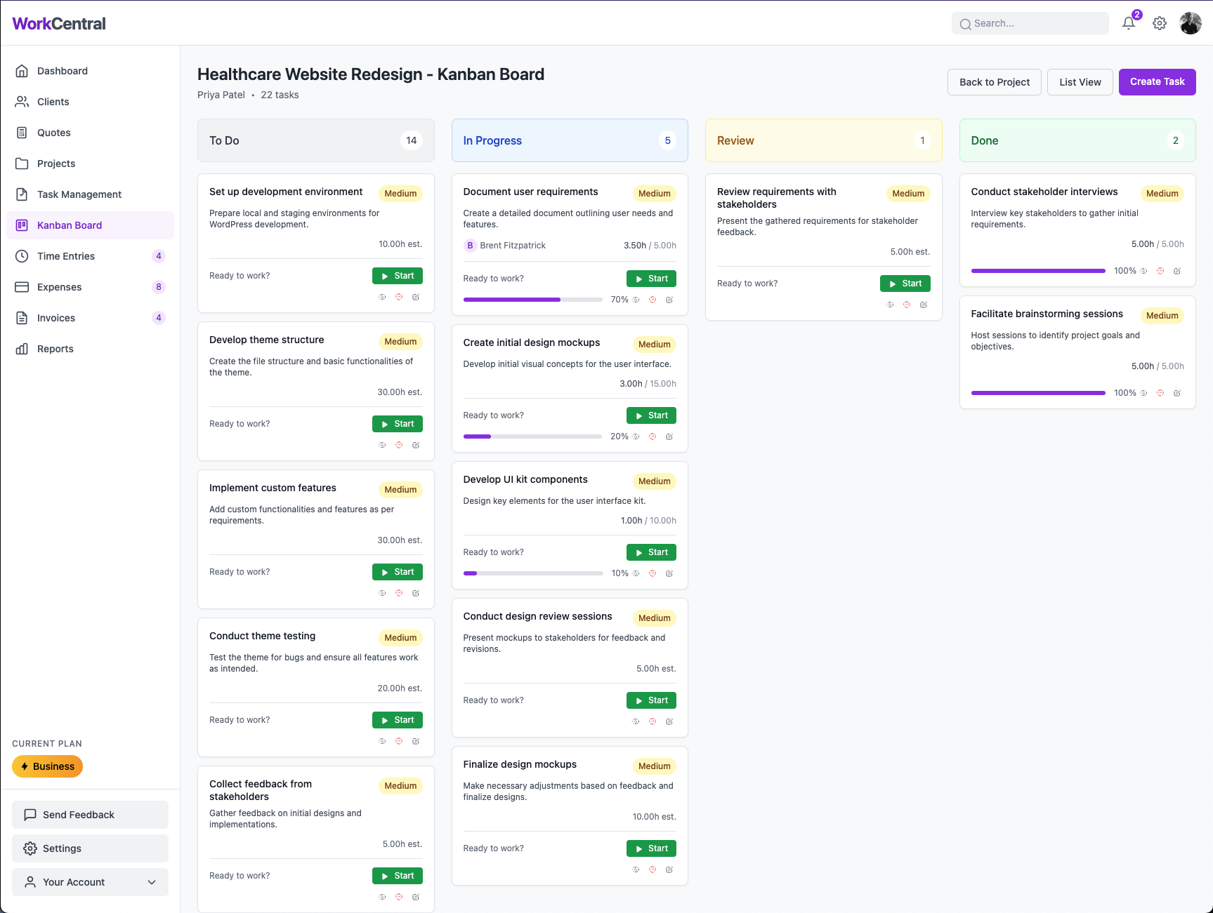 WorkCentral kanban board with project tasks and time tracking